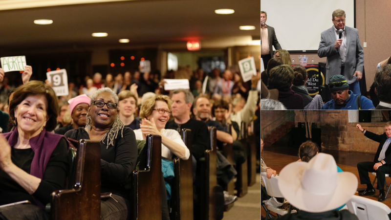 From L to R: Rep. Yvette Clarke, D-NY gets a warm welcome; Rep. Mark Amodei, R-Nev., responds to a woman who questioned why he doesn’t hold more public town hall meetings when he’s back home; Rep. Frank Lucas, R-Oklahoma, gestures. Images via AP.